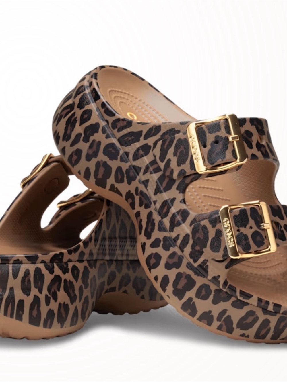 CROCS Women’s Leopard Print Platform Sandals with Gold Buckles